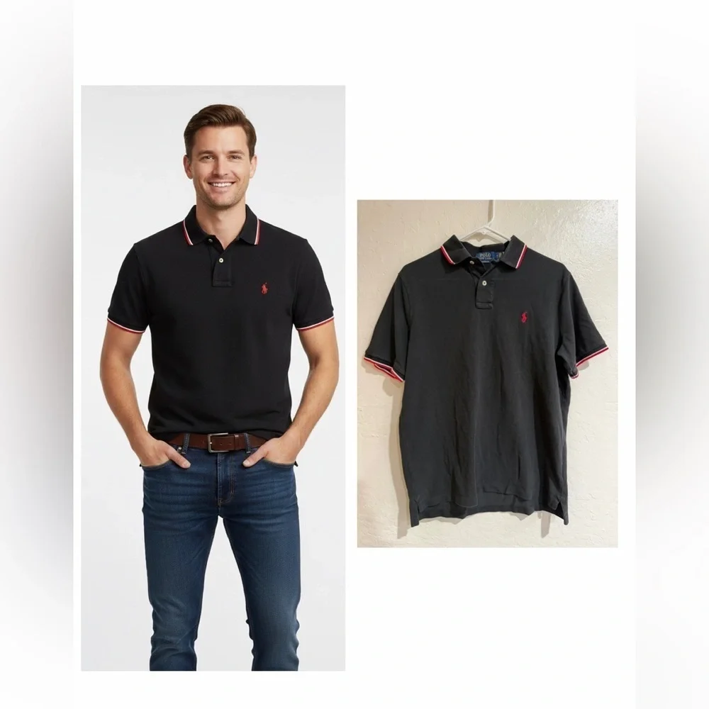 Polo Ralph Lauren Classic Fit Black Polo Shirt with Red & White Accents size M
